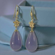 Load image into Gallery viewer, 14K Yellow Gold Hawaiian Plumeria Raindrop Lavender Jade Hook Earrings