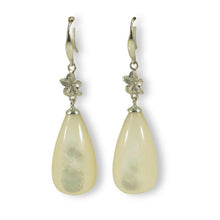 Load image into Gallery viewer, 14K White Gold Hawaiian Plumeria Raindrop Mother of Pearl Hook Earrings