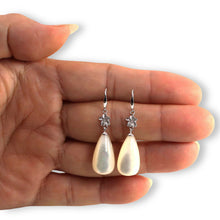 Load image into Gallery viewer, 14K White Gold Hawaiian Plumeria Raindrop Mother of Pearl Hook Earrings