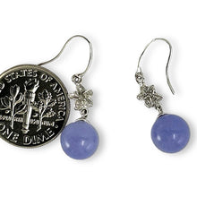 Load image into Gallery viewer, 14K White Gold Hawaiian Plumeria Round Lavender Jade Hook Earrings
