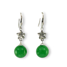 Load image into Gallery viewer, 14K White Gold Hawaiian Plumeria Round Green Jade Hook Earrings