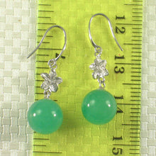 Load image into Gallery viewer, 14K White Gold Hawaiian Plumeria Round Green Jade Hook Earrings