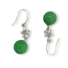 Load image into Gallery viewer, 14K White Gold Hawaiian Plumeria Round Green Jade Hook Earrings