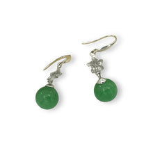 Load image into Gallery viewer, 14K White Gold Hawaiian Plumeria Round Green Jade Hook Earrings