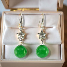 Load image into Gallery viewer, 14K White Gold Hawaiian Plumeria Round Green Jade Hook Earrings