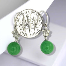 Load image into Gallery viewer, 14K White Gold Hawaiian Plumeria Round Green Jade Hook Earrings