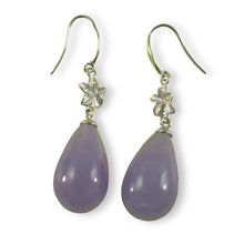 Load image into Gallery viewer, 14K White Gold Hawaiian Plumeria Raindrop Lavender Jade Hook Earrings