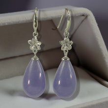 Load image into Gallery viewer, 14K White Gold Hawaiian Plumeria Raindrop Lavender Jade Hook Earrings