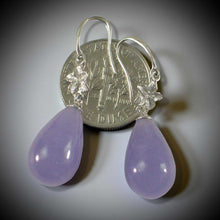 Load image into Gallery viewer, 14K White Gold Hawaiian Plumeria Raindrop Lavender Jade Hook Earrings
