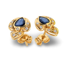 Load image into Gallery viewer, 14k Yellow Gold Genuine Heart Shape Blue Sapphire &amp; Diamond Stud Earrings