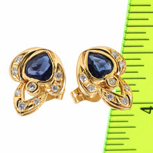 Load image into Gallery viewer, 14k Yellow Gold Genuine Heart Shape Blue Sapphire &amp; Diamond Stud Earrings