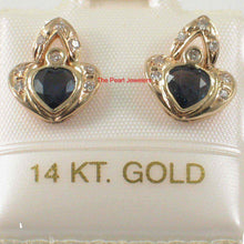 Load image into Gallery viewer, 14k Yellow Gold Genuine Heart Shape Blue Sapphire &amp; Diamond Stud Earrings