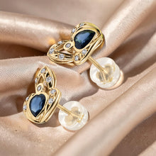 Load image into Gallery viewer, 14k Yellow Gold Genuine Heart Shape Blue Sapphire &amp; Diamond Stud Earrings