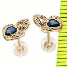 Load image into Gallery viewer, 14k Yellow Gold Genuine Heart Shape Blue Sapphire &amp; Diamond Stud Earrings