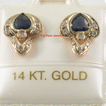 Load image into Gallery viewer, 14k Yellow Gold Genuine Heart Shape Blue Sapphire &amp; Diamond Stud Earrings