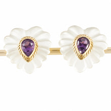 Load image into Gallery viewer, 14k Yellow Solid Gold Pear Cut Amethyst &amp; Carved Crystal Stud Earrings