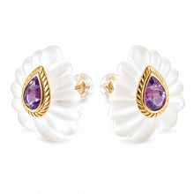 Load image into Gallery viewer, 14k Yellow Solid Gold Pear Cut Amethyst &amp; Carved Crystal Stud Earrings