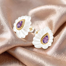 Load image into Gallery viewer, 14k Yellow Solid Gold Pear Cut Amethyst &amp; Carved Crystal Stud Earrings