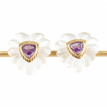 Load image into Gallery viewer, 14k Yellow Solid Gold Trilliant Cut Amethyst &amp; Carved Crystal Stud Earrings