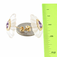 Load image into Gallery viewer, 14k Yellow Solid Gold Trilliant Cut Amethyst &amp; Carved Crystal Stud Earrings