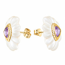 Load image into Gallery viewer, 14k Yellow Solid Gold Trilliant Cut Amethyst &amp; Carved Crystal Stud Earrings