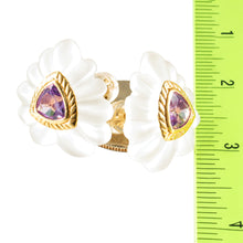 Load image into Gallery viewer, 14k Yellow Solid Gold Trilliant Cut Amethyst &amp; Carved Crystal Stud Earrings