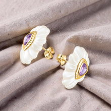 Load image into Gallery viewer, 14k Yellow Solid Gold Trilliant Cut Amethyst &amp; Carved Crystal Stud Earrings