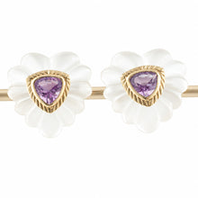 Load image into Gallery viewer, 14k Yellow Solid Gold Trilliant Cut Amethyst &amp; Carved Crystal Stud Earrings