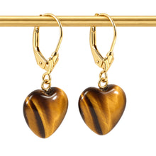 Load image into Gallery viewer, 14k Solid Gold Leverback Heart Genuine Brown Tiger-Eye Dangle Earrings