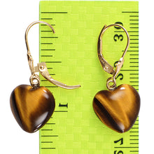Load image into Gallery viewer, 14k Solid Gold Leverback Heart Genuine Brown Tiger-Eye Dangle Earrings