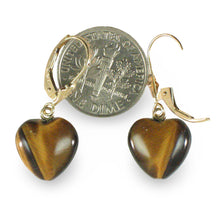 Load image into Gallery viewer, 14k Solid Gold Leverback Heart Genuine Brown Tiger-Eye Dangle Earrings