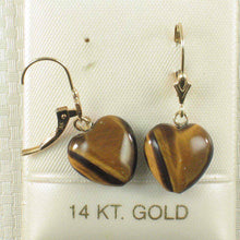 Load image into Gallery viewer, 14k Solid Gold Leverback Heart Genuine Brown Tiger-Eye Dangle Earrings