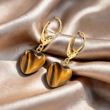 Load image into Gallery viewer, 14k Solid Gold Leverback Heart Genuine Brown Tiger-Eye Dangle Earrings