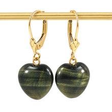 Load image into Gallery viewer, 14k Solid Gold Leverback Heart Genuine Blue Tiger-Eye Dangle Earrings