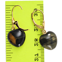 Load image into Gallery viewer, 14k Solid Gold Leverback Heart Genuine Blue Tiger-Eye Dangle Earrings
