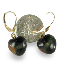 Load image into Gallery viewer, 14k Solid Gold Leverback Heart Genuine Blue Tiger-Eye Dangle Earrings