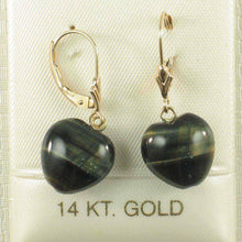 Load image into Gallery viewer, 14k Solid Gold Leverback Heart Genuine Blue Tiger-Eye Dangle Earrings