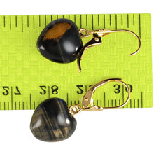 Load image into Gallery viewer, 14k Solid Gold Leverback Heart Genuine Blue Tiger-Eye Dangle Earrings