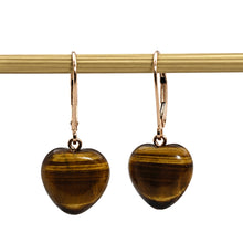Load image into Gallery viewer, 14k Solid Rose Gold Leverback Heart Genuine Brown Tiger-Eye Dangle Earrings