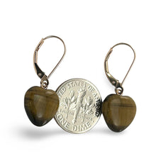 Load image into Gallery viewer, 14k Solid Rose Gold Leverback Heart Genuine Brown Tiger-Eye Dangle Earrings
