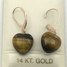 Load image into Gallery viewer, 14k Solid Rose Gold Leverback Heart Genuine Brown Tiger-Eye Dangle Earrings