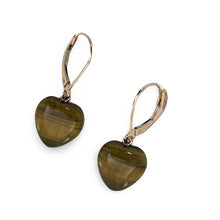 Load image into Gallery viewer, 14k Solid Rose Gold Leverback Heart Genuine Brown Tiger-Eye Dangle Earrings