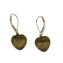 Load image into Gallery viewer, 14k Solid Rose Gold Leverback Heart Genuine Brown Tiger-Eye Dangle Earrings