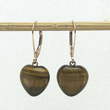 Load image into Gallery viewer, 14k Solid Rose Gold Leverback Heart Genuine Brown Tiger-Eye Dangle Earrings