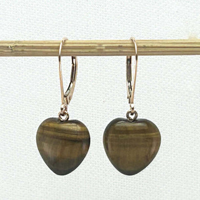 14k Solid Rose Gold Leverback Heart Genuine Brown Tiger-Eye Dangle Earrings