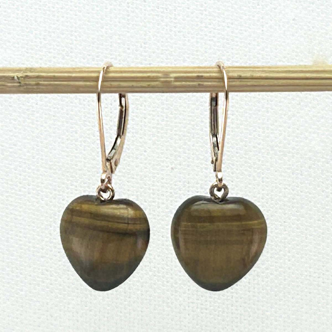 14k Solid Rose Gold Leverback Heart Genuine Brown Tiger-Eye Dangle Earrings
