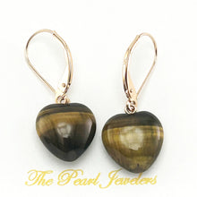 Load image into Gallery viewer, 14k Solid Rose Gold Leverback Heart Genuine Brown Tiger-Eye Dangle Earrings