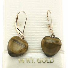 Load image into Gallery viewer, 14k Solid Rose Gold Leverback Heart Genuine Brown Tiger-Eye Dangle Earrings