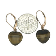 Load image into Gallery viewer, 14k Solid Rose Gold Leverback Heart Genuine Brown Tiger-Eye Dangle Earrings