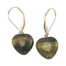 Load image into Gallery viewer, 14k Solid Rose Gold Leverback Heart Genuine Brown Tiger-Eye Dangle Earrings